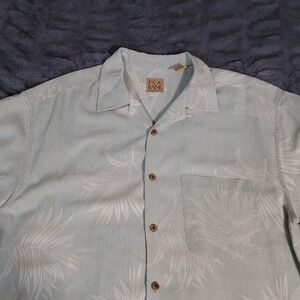JOS A Bank Mens Silk Button Down Shirt Tropical Palm Leaf Print Light Blue Large